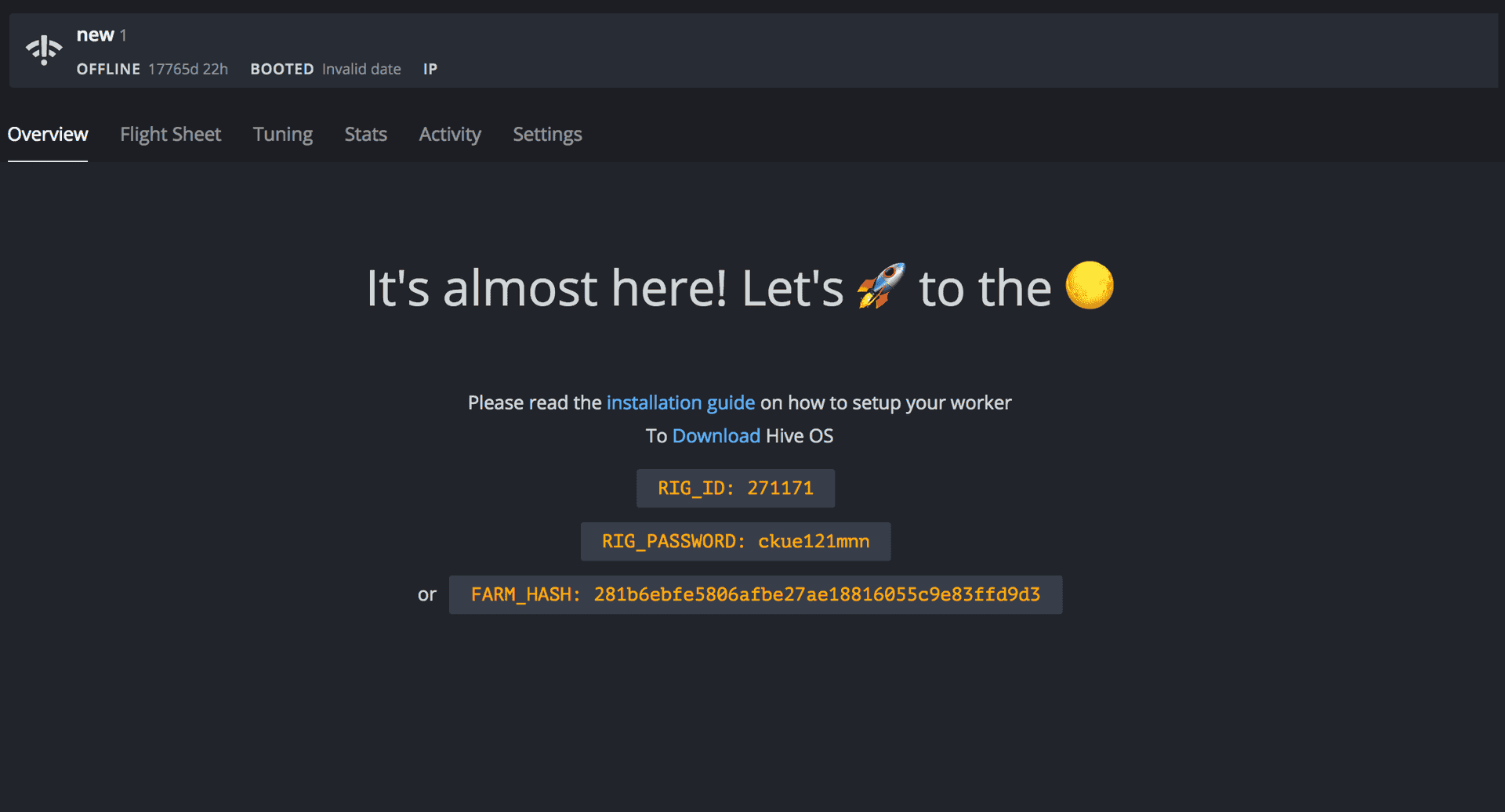 The current Hive OS worker screen showing RIG_ID, RIG_PASSWORD and FARM_HASH ready for first boot