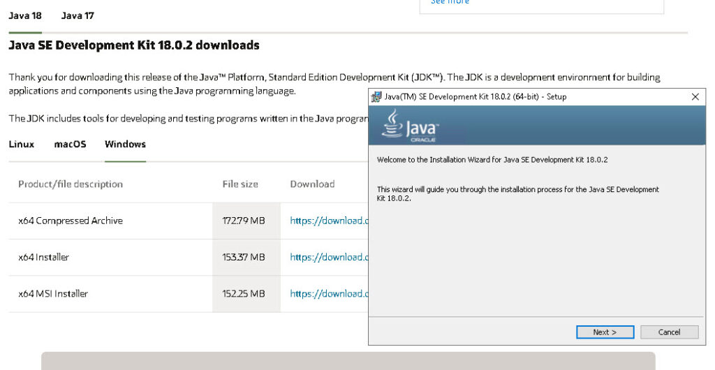 Java SE Development Kit 18.0.2 download page with MSI installer running